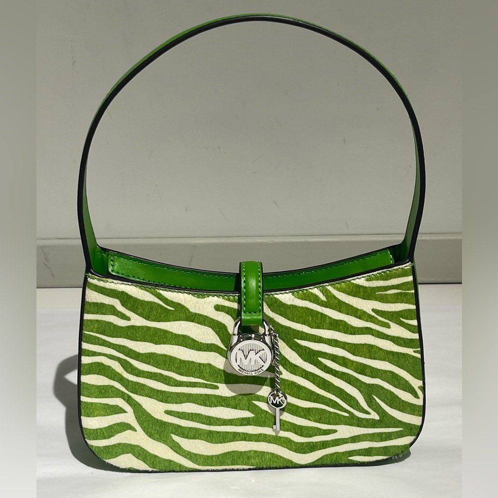 NWT Michael Kors Lyra Small Zebra Print Calf Hair Pouchette – Jungle Green
